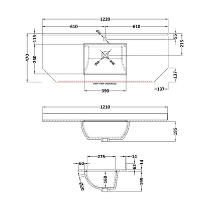 [BCMT277] 1200 SINGLE BOWL ANGLED MARBLE TOP 1TH - Technical Drawing