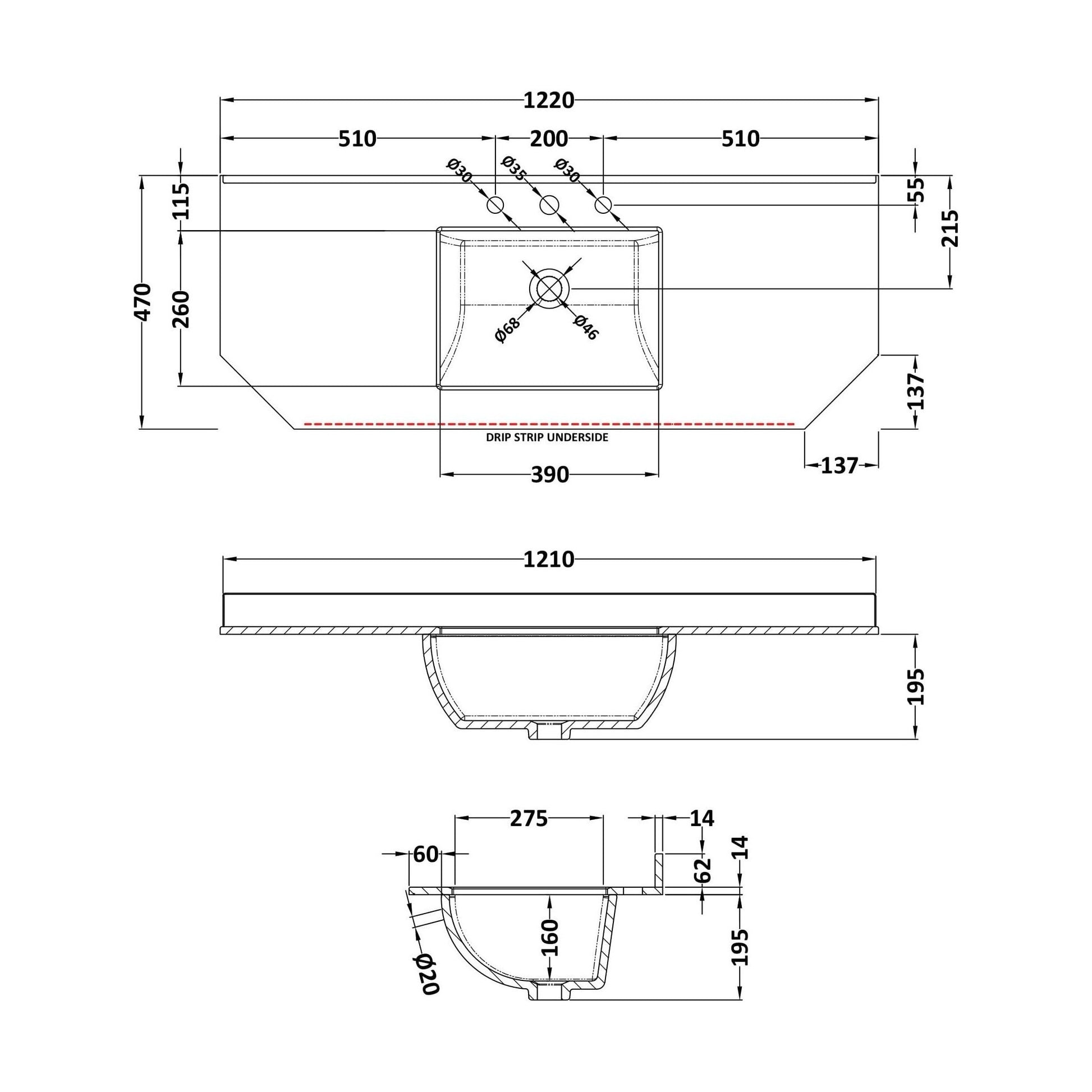 [BCMT279] 1200 SINGLE BOWL ANGLED MARBLE TOP 3TH - Technical Drawing