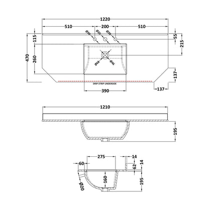 [BCMT279] 1200 SINGLE BOWL ANGLED MARBLE TOP 3TH - Technical Drawing
