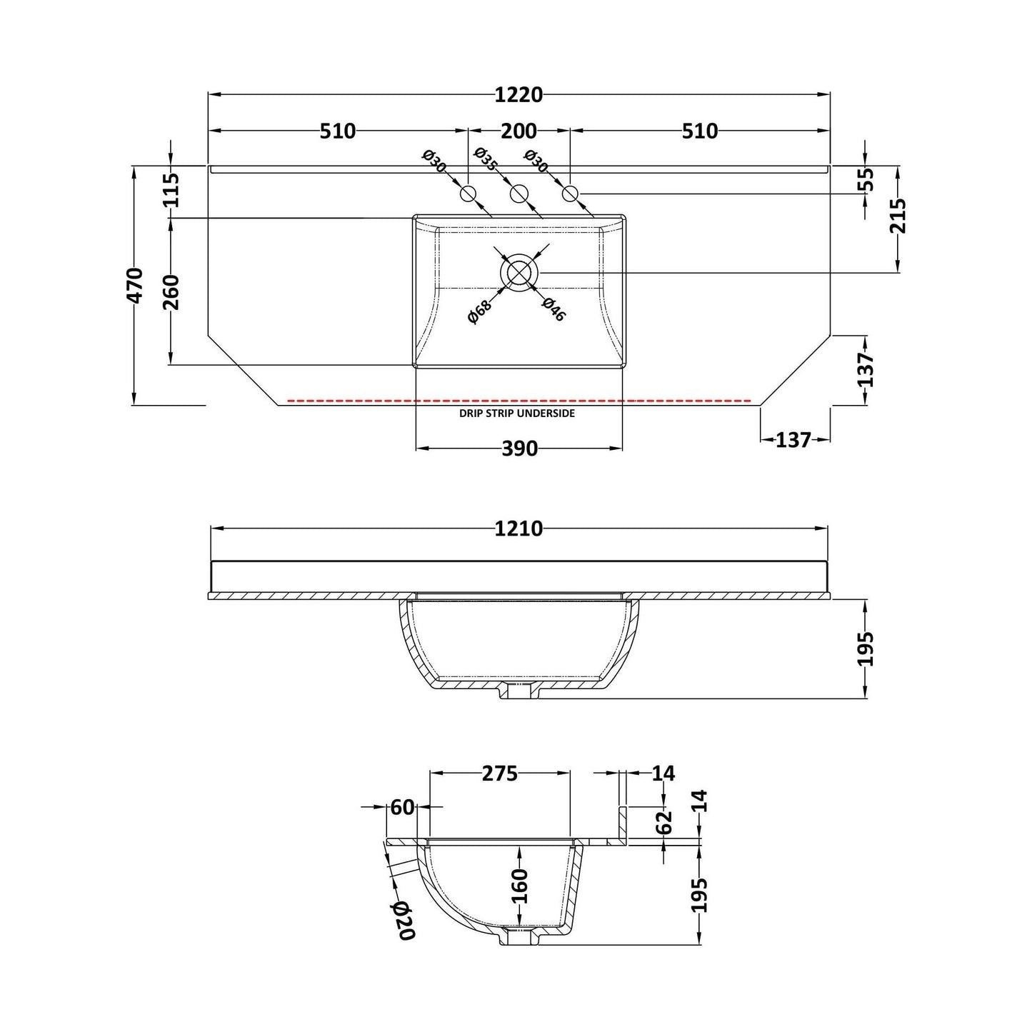 [BCMT280] 1200 SINGLE BOWL ANGLED MARBLE TOP 3TH - Technical Drawing