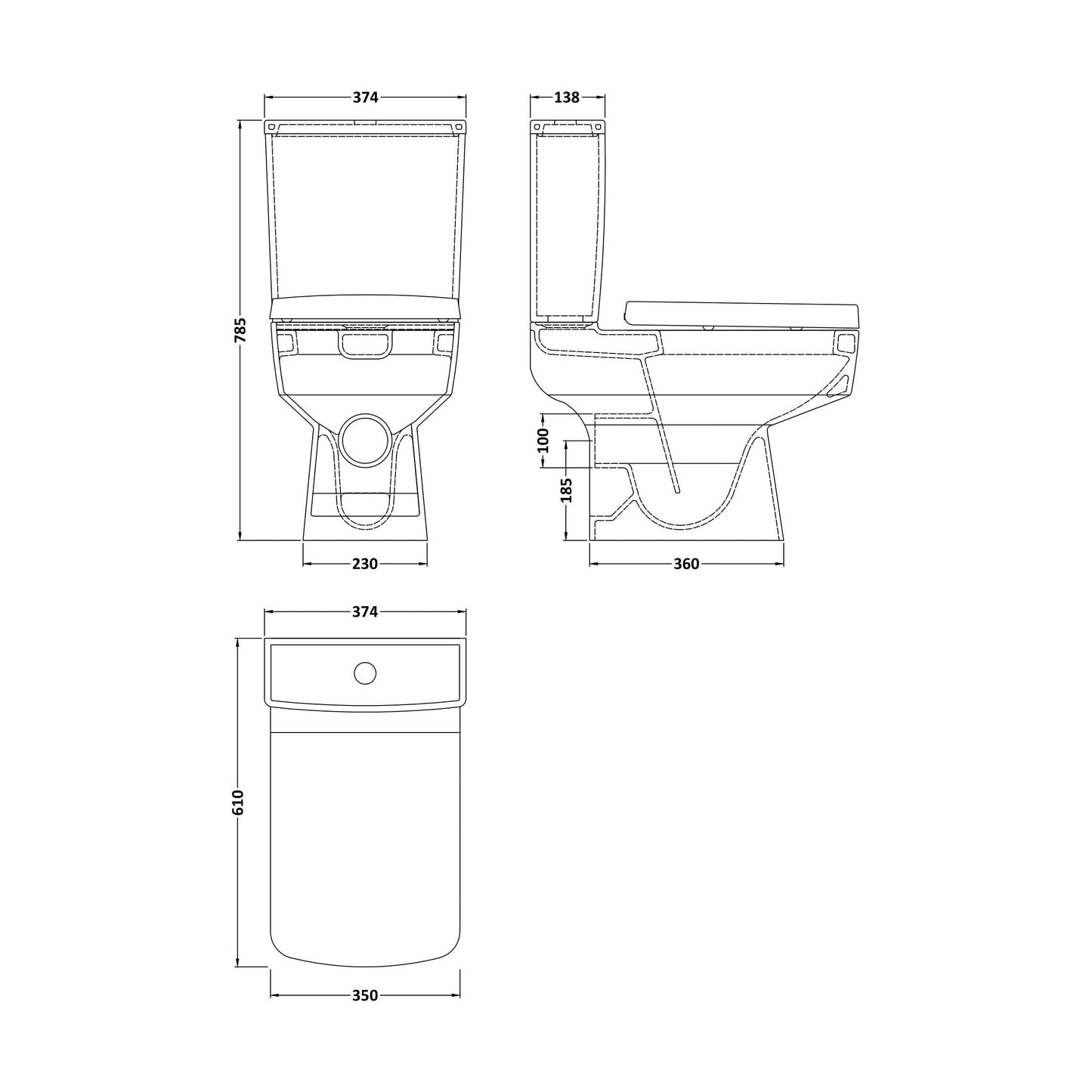 [BCOP008] Forsbrook Modern White Semi Flush-to-Wall Toilet and Cistern – 610mm - Technical Drawing