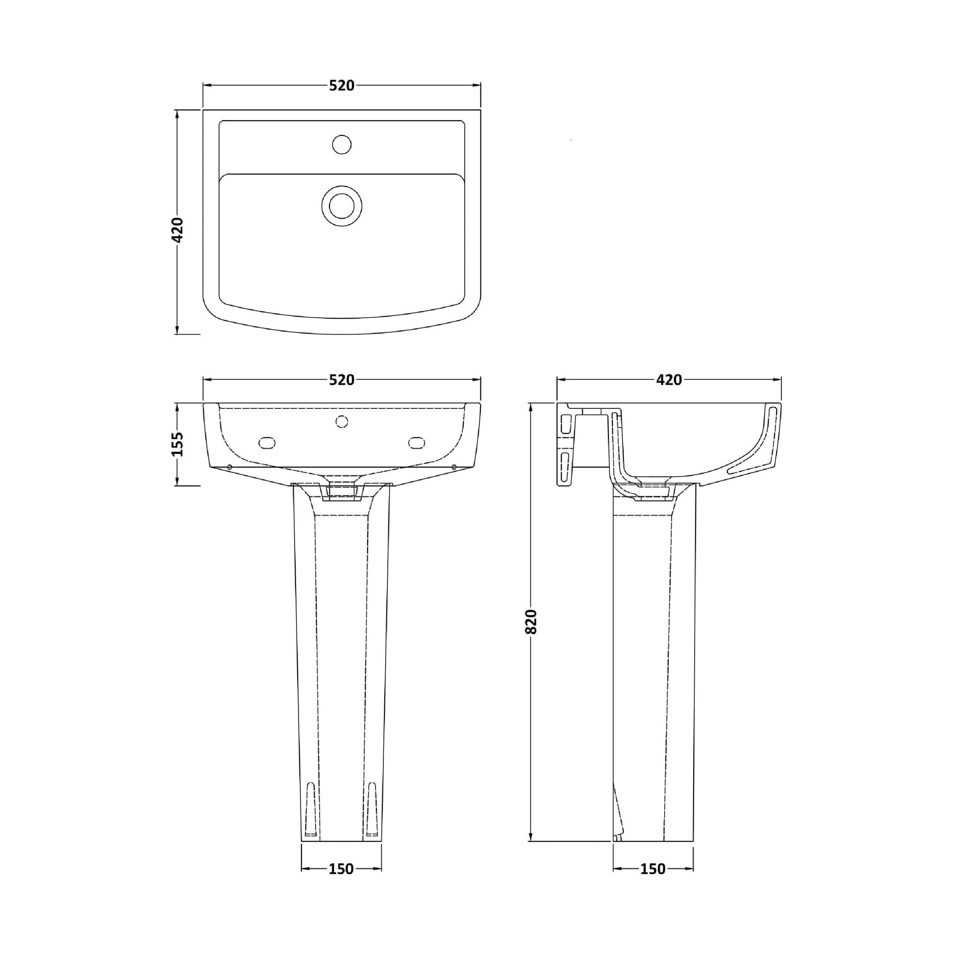 [BCOP009] Forsbrook Modern White Square 1 Tap Hole Bathroom Basin & Full Pedestal - Choice of Size (520mm or 600mm) - Technical Drawing