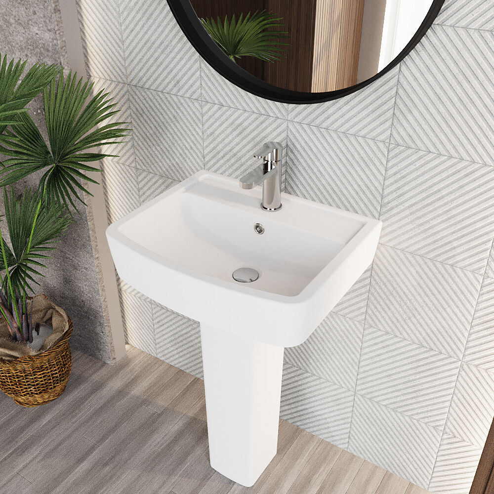[BCOP009] Forsbrook Modern White Square 1 Tap Hole Bathroom Basin & Full Pedestal - Choice of Size (520mm or 600mm) - Lifestyle 2