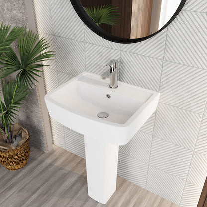 [BCOP009] Forsbrook Modern White Square 1 Tap Hole Bathroom Basin & Full Pedestal - Choice of Size (520mm or 600mm) - Lifestyle 2