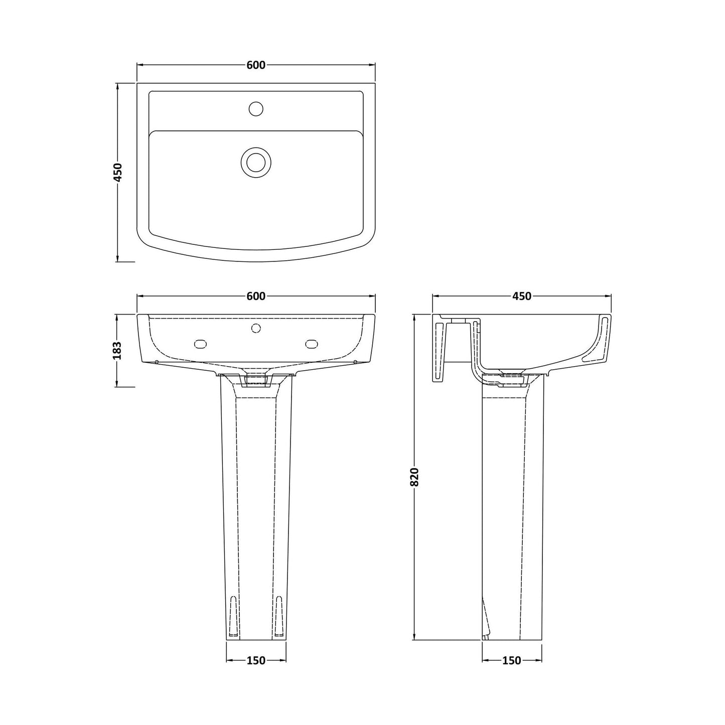 [BCOP010] Forsbrook Modern White Square 1 Tap Hole Bathroom Basin & Full Pedestal - Choice of Size (520mm or 600mm) - Technical Drawing