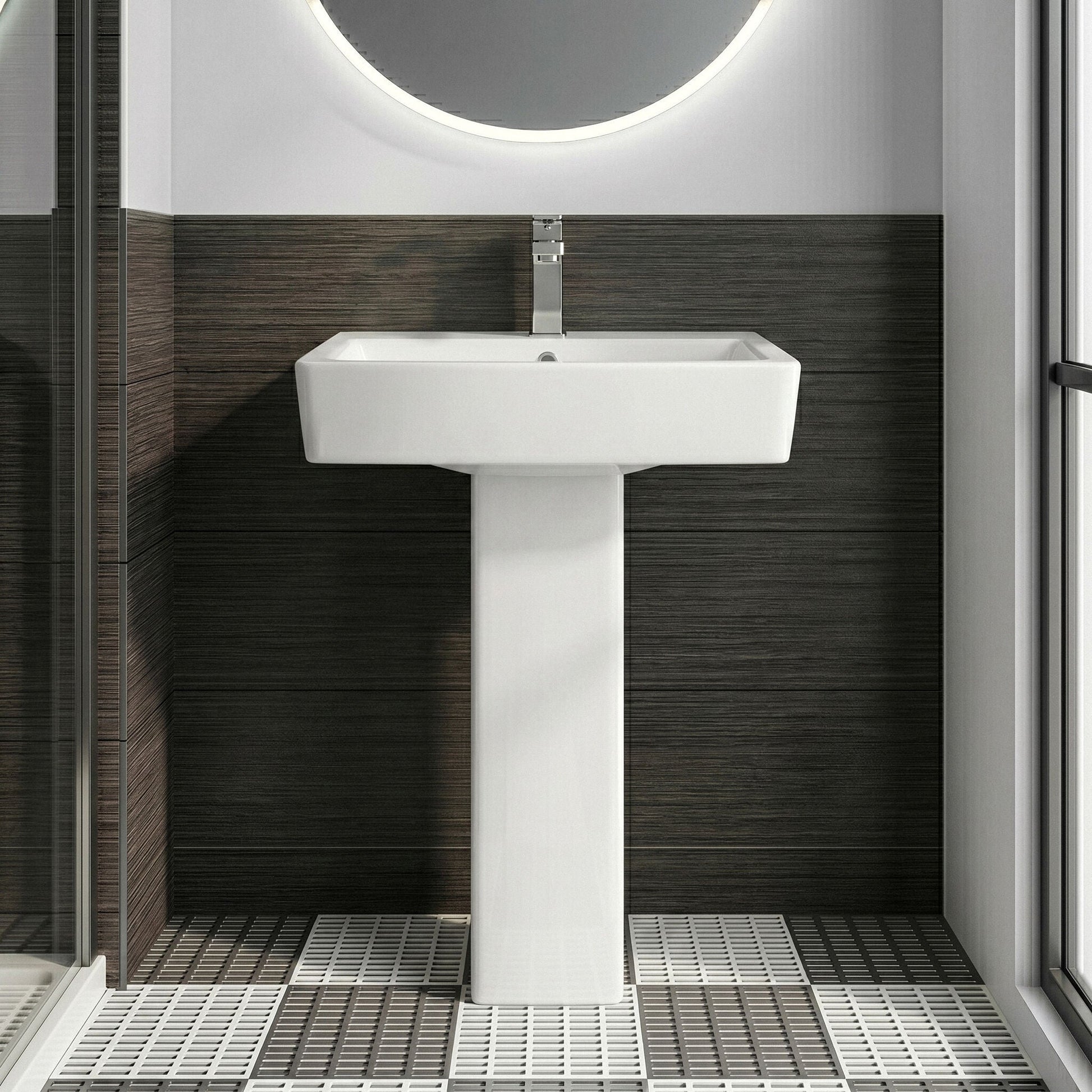 [BCOP010] Forsbrook Modern White Square 1 Tap Hole Bathroom Basin & Full Pedestal - Choice of Size (520mm or 600mm) - Silo