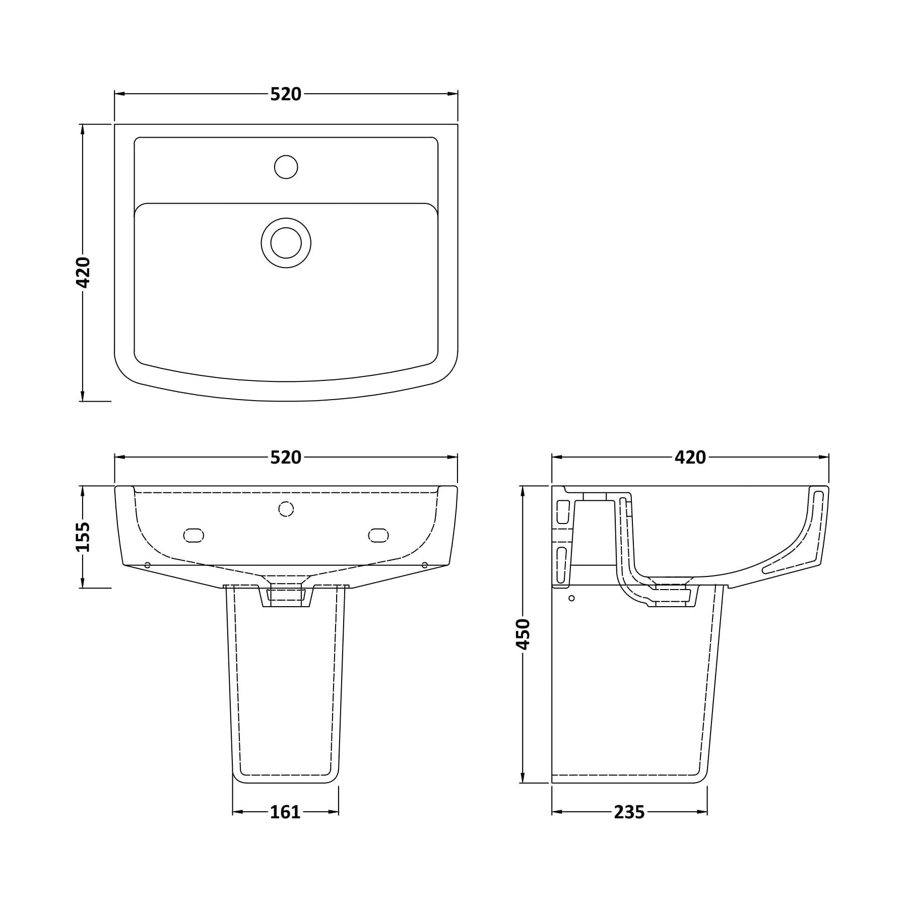 [BCOP011] Forsbrook Modern White Square 1 Tap Hole Bathroom Basin & Semi Pedestal - 520mm - Technical Drawing