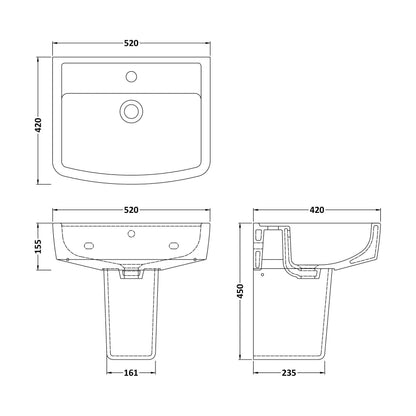 [BCOP011] Forsbrook Modern White Square 1 Tap Hole Bathroom Basin & Semi Pedestal - 520mm - Technical Drawing