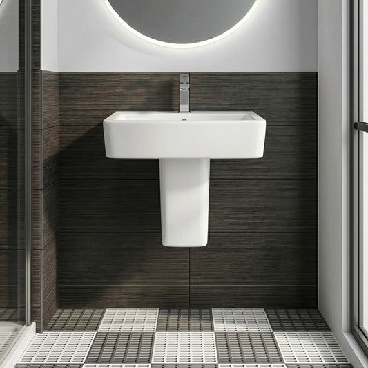 [BCOP011] Forsbrook Modern White Square 1 Tap Hole Bathroom Basin & Semi Pedestal - 520mm - Silo