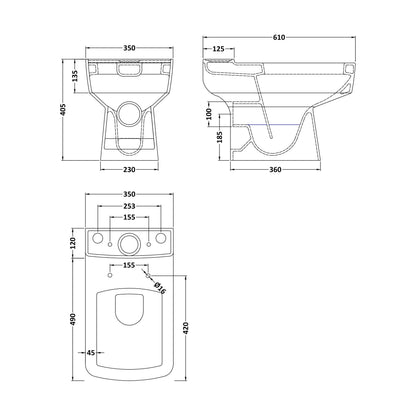 [BCOP012] Forsbrook Square 1 Tap Hole Bathroom Basin - Choose Size and Pedestal Type - Technical Drawing