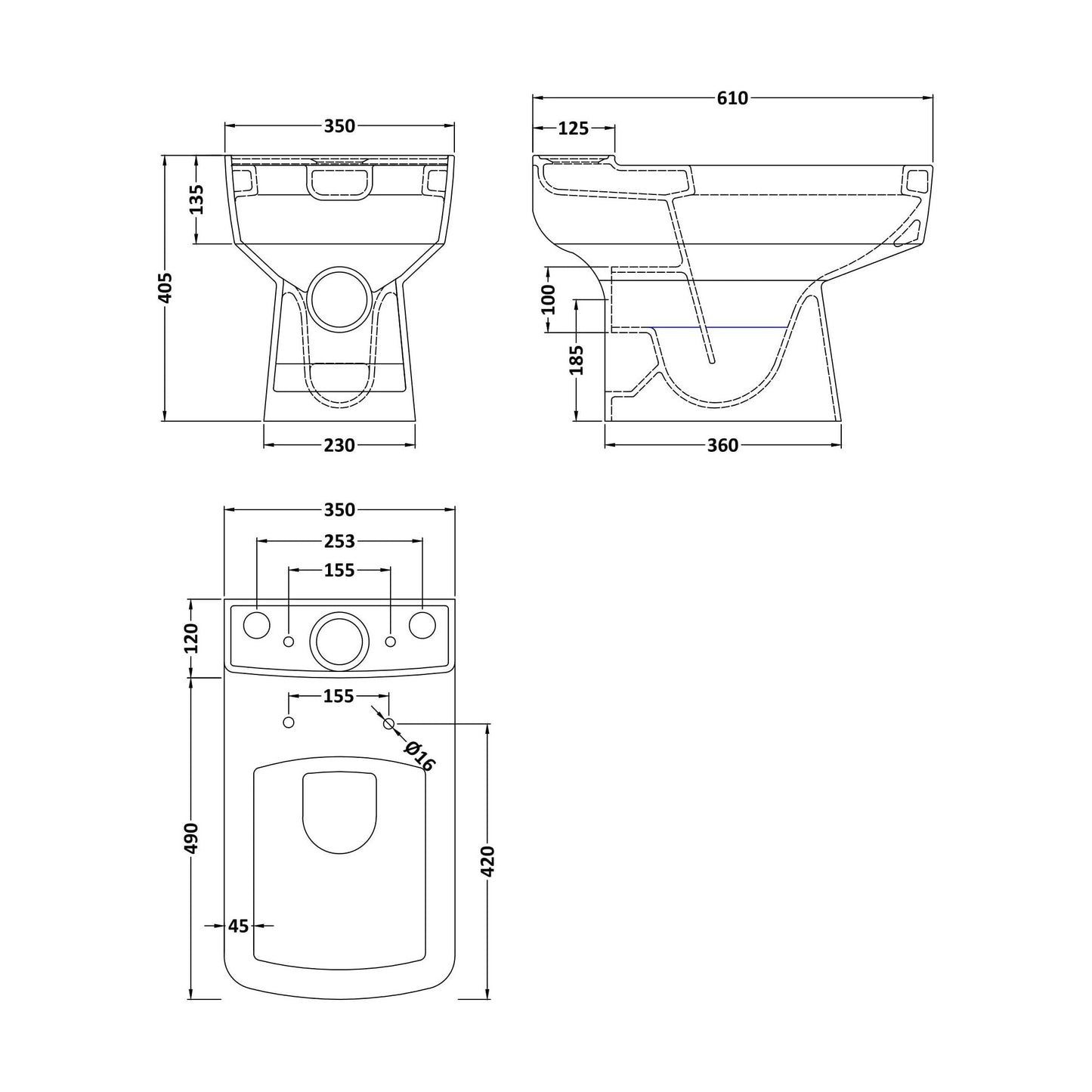[BCOP013] Forsbrook Square 1 Tap Hole Bathroom Basin - Choose Size and Pedestal Type - Technical Drawing