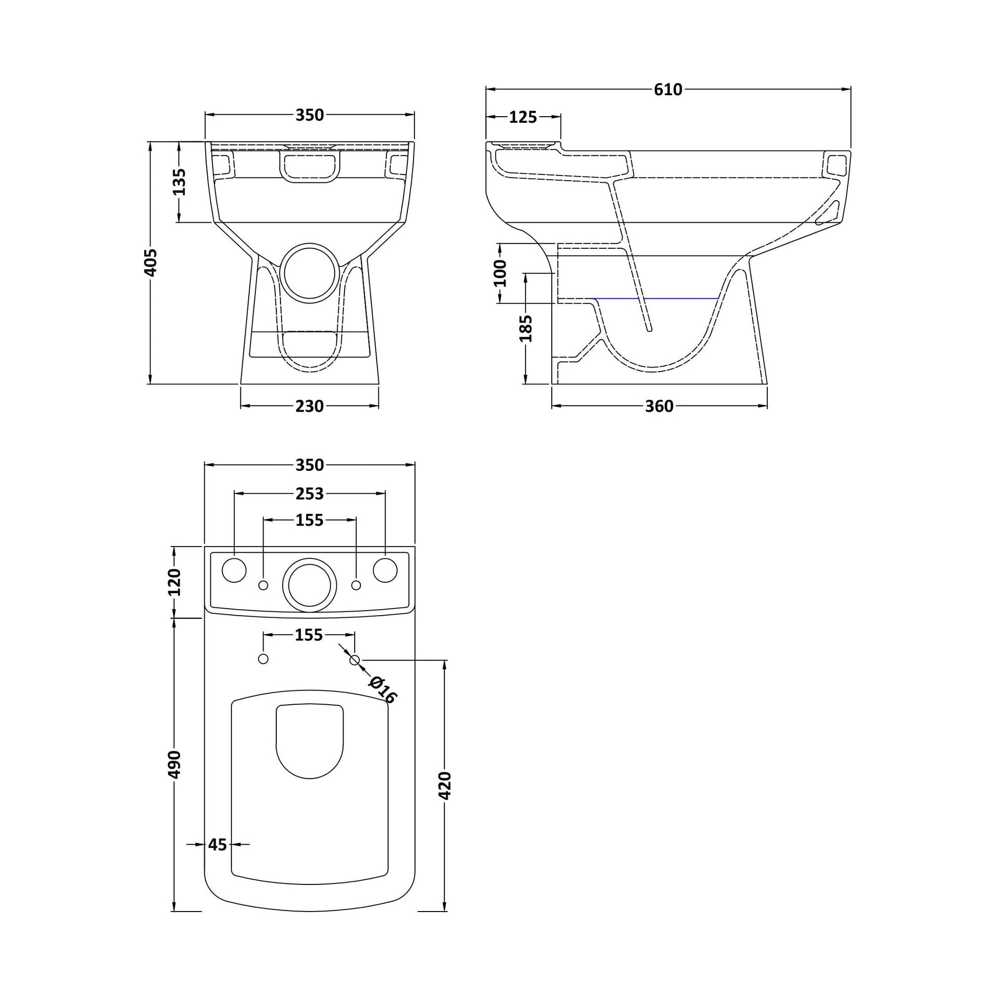 [BCOP013] Forsbrook Square 1 Tap Hole Bathroom Basin - Choose Size and Pedestal Type - Technical Drawing