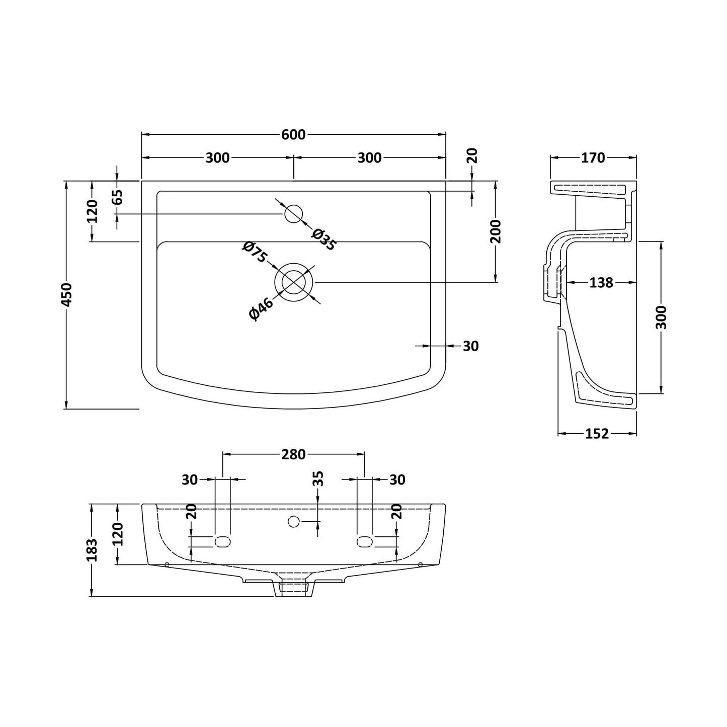 [BCOP102] Square 600mm Basin 1T/H - Technical Drawing