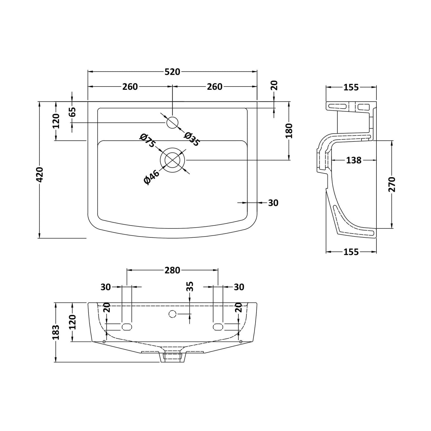 [BCOP105] Square 520mm Basin 1T/H - Technical Drawing