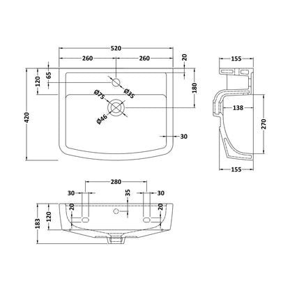 [BCOP105] Square 520mm Basin 1T/H - Technical Drawing