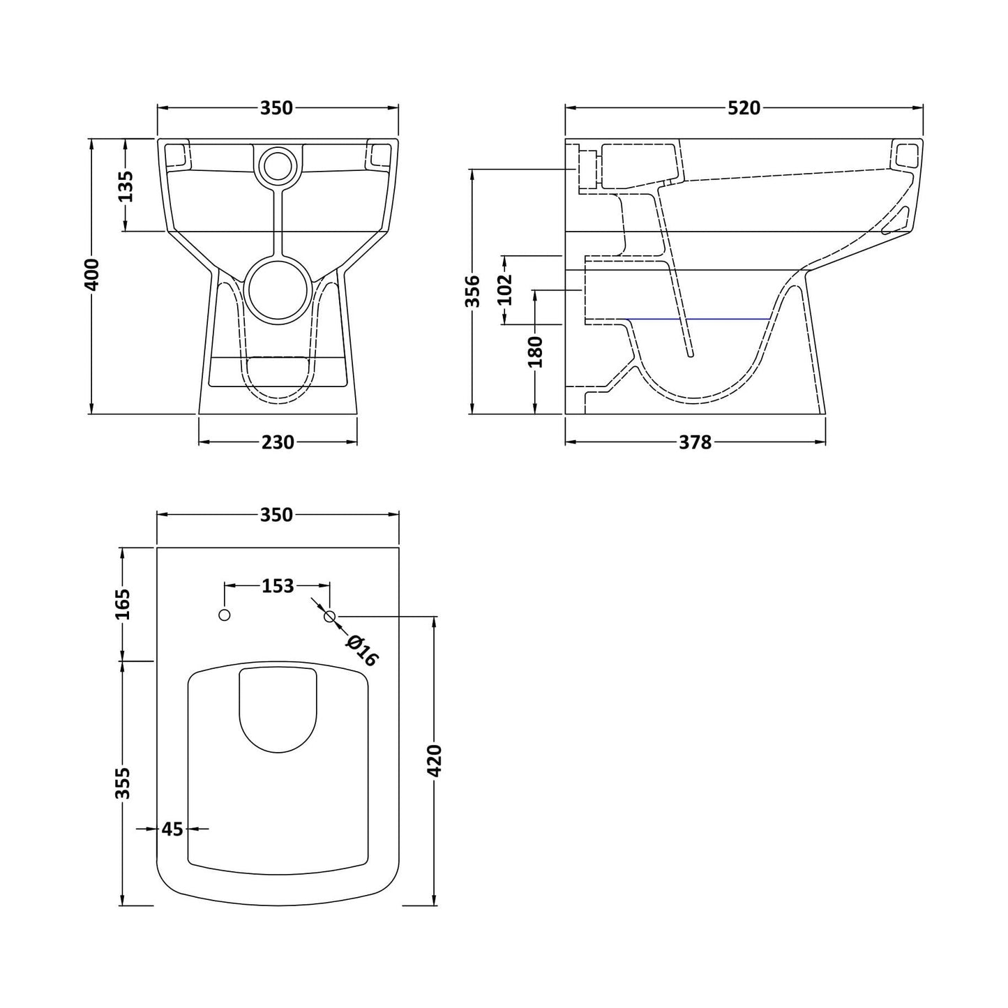 [BCOP106] Square Back to Wall Toilet Pan, Modern Compact Ceramic WC Design, 400mm x 350mm x 520mm - White by Balterley - Technical Drawing