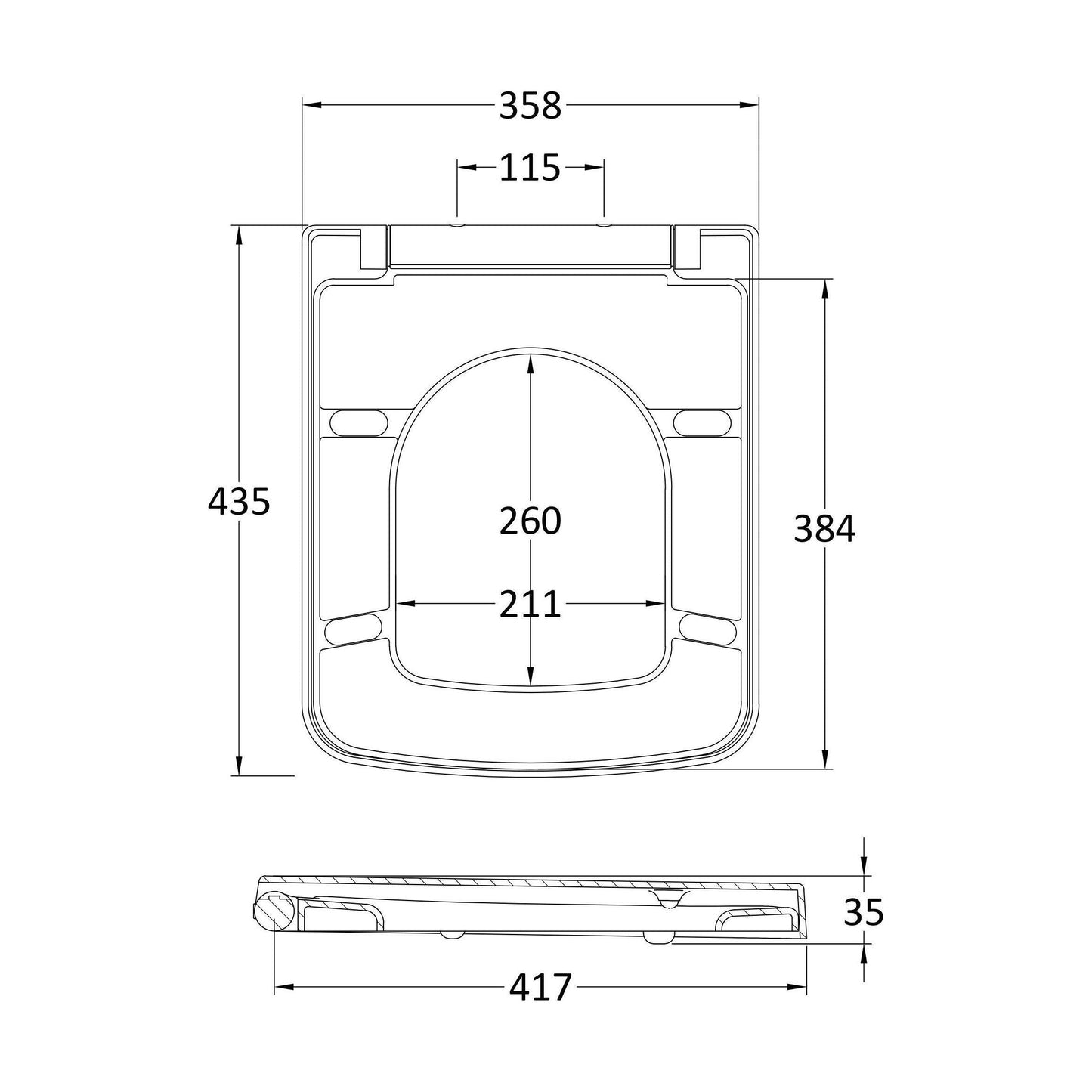 [BCOP198] Luxury Square Top Fix Soft Close - Tapered Edge - White - Technical Drawing