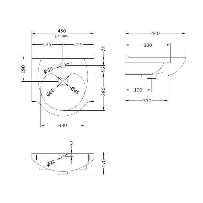 [BCOR001] Classic 450mm 1T/H Basin - Technical Drawing