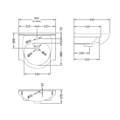 [BCOR001] Classic 450mm 1T/H Basin - Technical Drawing