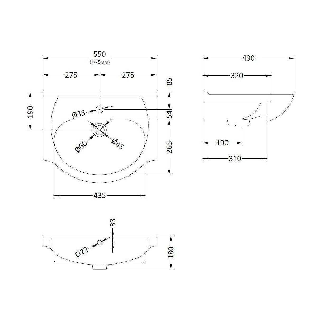 [BCOR002] Classic 550mm 1T/H Basin - Technical Drawing