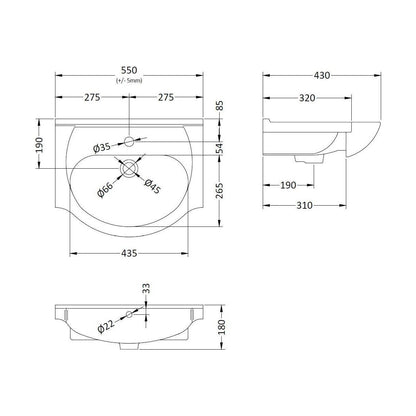 [BCOR002] Classic 550mm 1T/H Basin - Technical Drawing