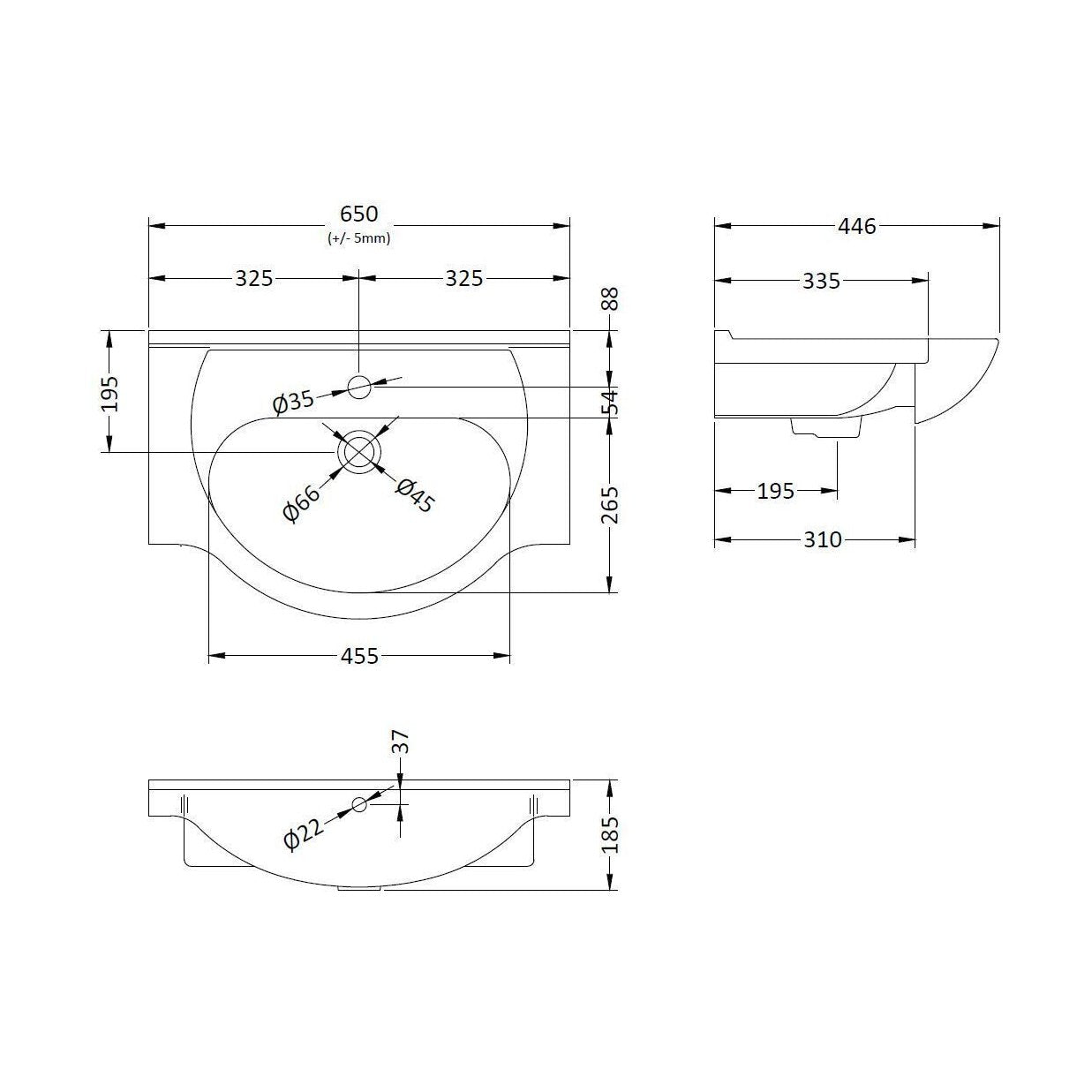 [BCOR003] Classic 650mm 1T/H Basin - Technical Drawing