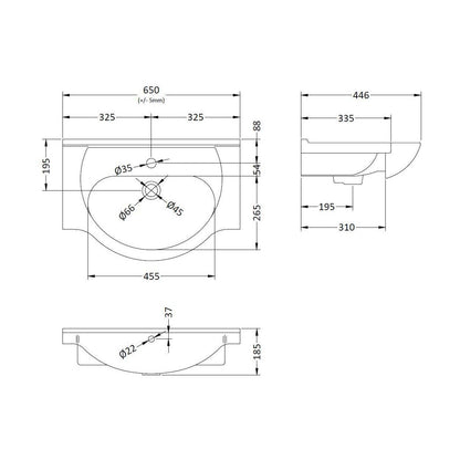 [BCOR003] Classic 650mm 1T/H Basin - Technical Drawing