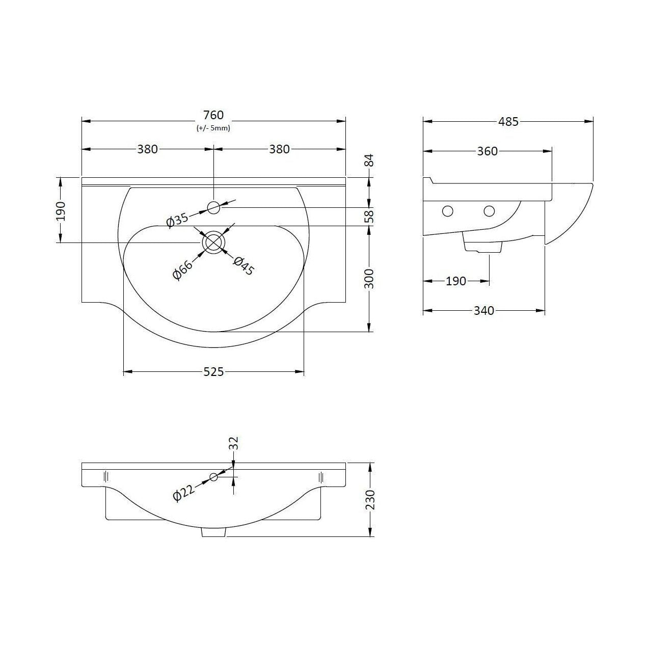 [BCOR004] Classic 750mm 1T/H Basin - Technical Drawing