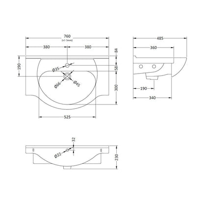 [BCOR004] Classic 750mm 1T/H Basin - Technical Drawing