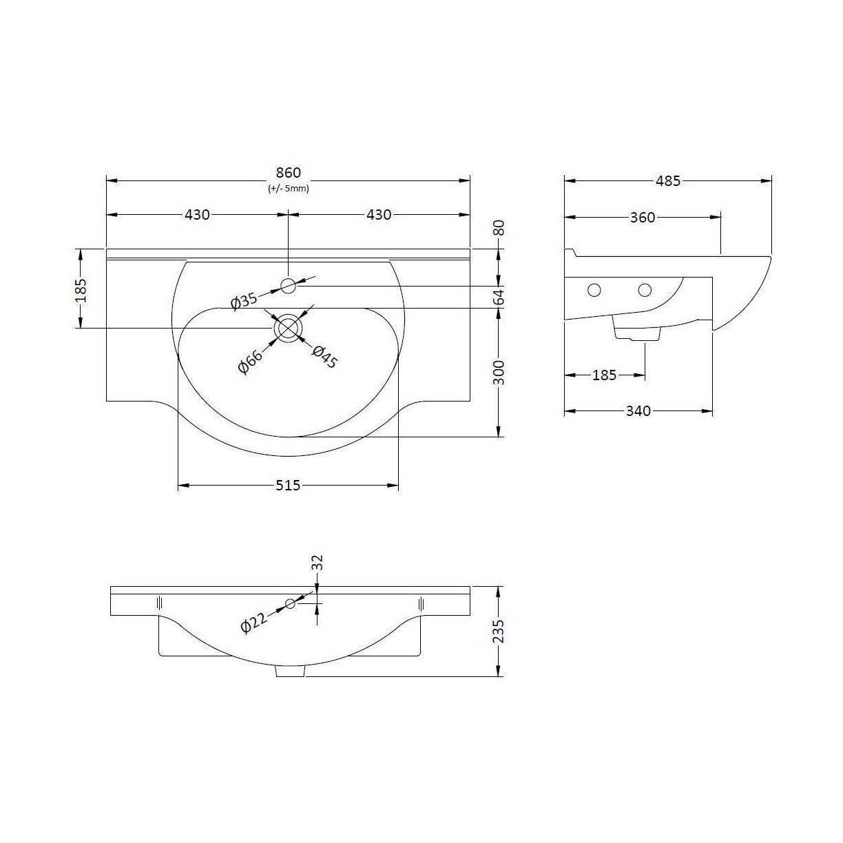 [BCOR005] Classic 850mm 1T/H Basin - Technical Drawing