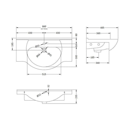 [BCOR005] Classic 850mm 1T/H Basin - Technical Drawing