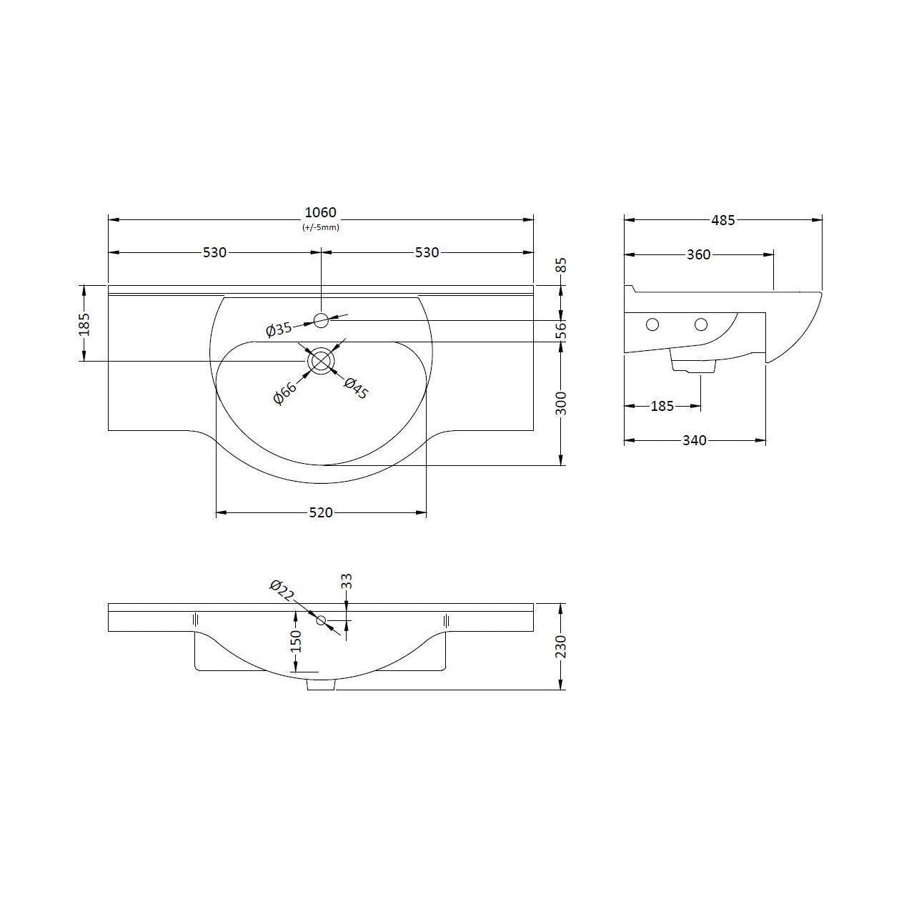 [BCOR006] Classic 1050mm 1T/H Basin - Technical Drawing