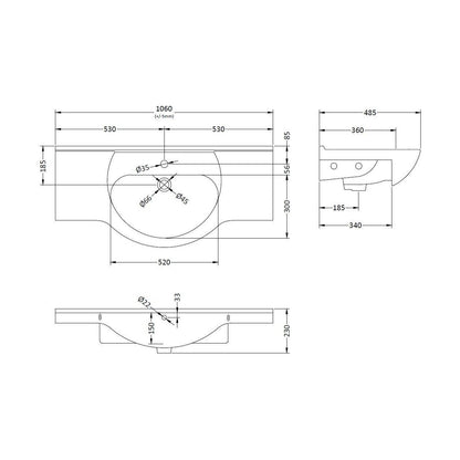 [BCOR006] Classic 1050mm 1T/H Basin - Technical Drawing
