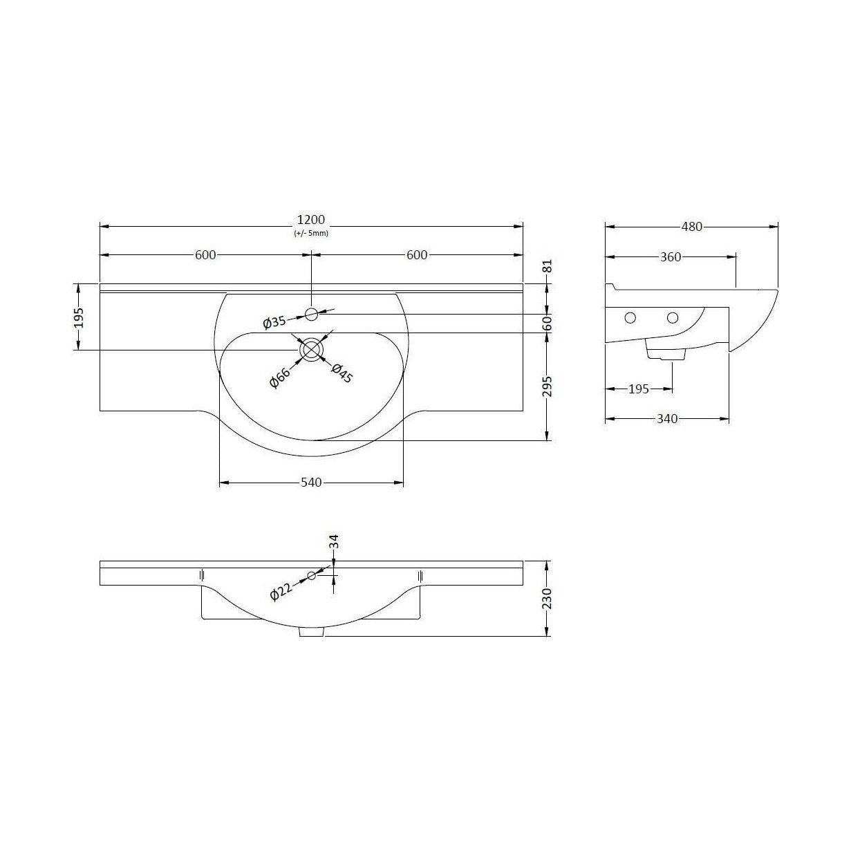 [BCOR007] Classic 1200mm 1T/H Basin - Technical Drawing