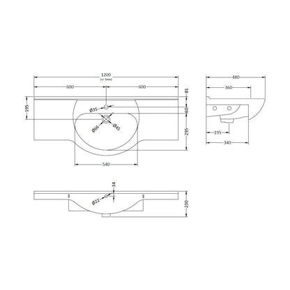 [BCOR007] Classic 1200mm 1T/H Basin - Technical Drawing