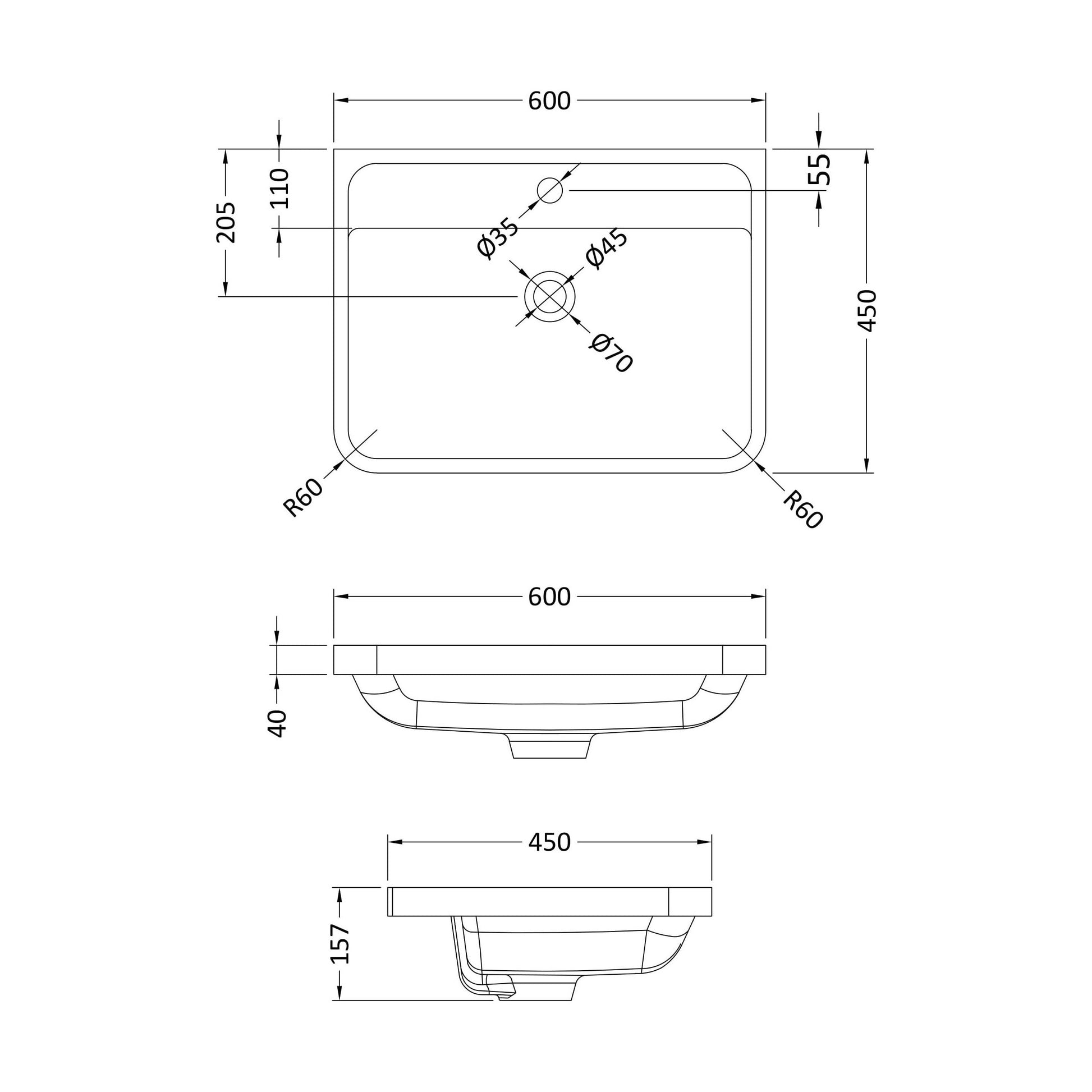 [BCPM003] 600x450mm Poly Marble Basin - Technical Drawing