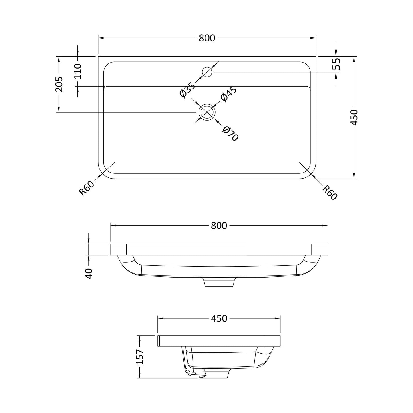 [BCPM005] 800x450mm Poly Marble Basin - Technical Drawing