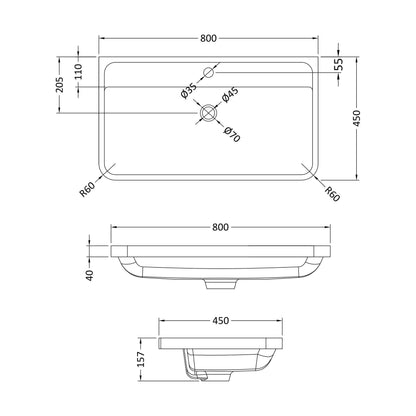 [BCPM005] 800x450mm Poly Marble Basin - Technical Drawing