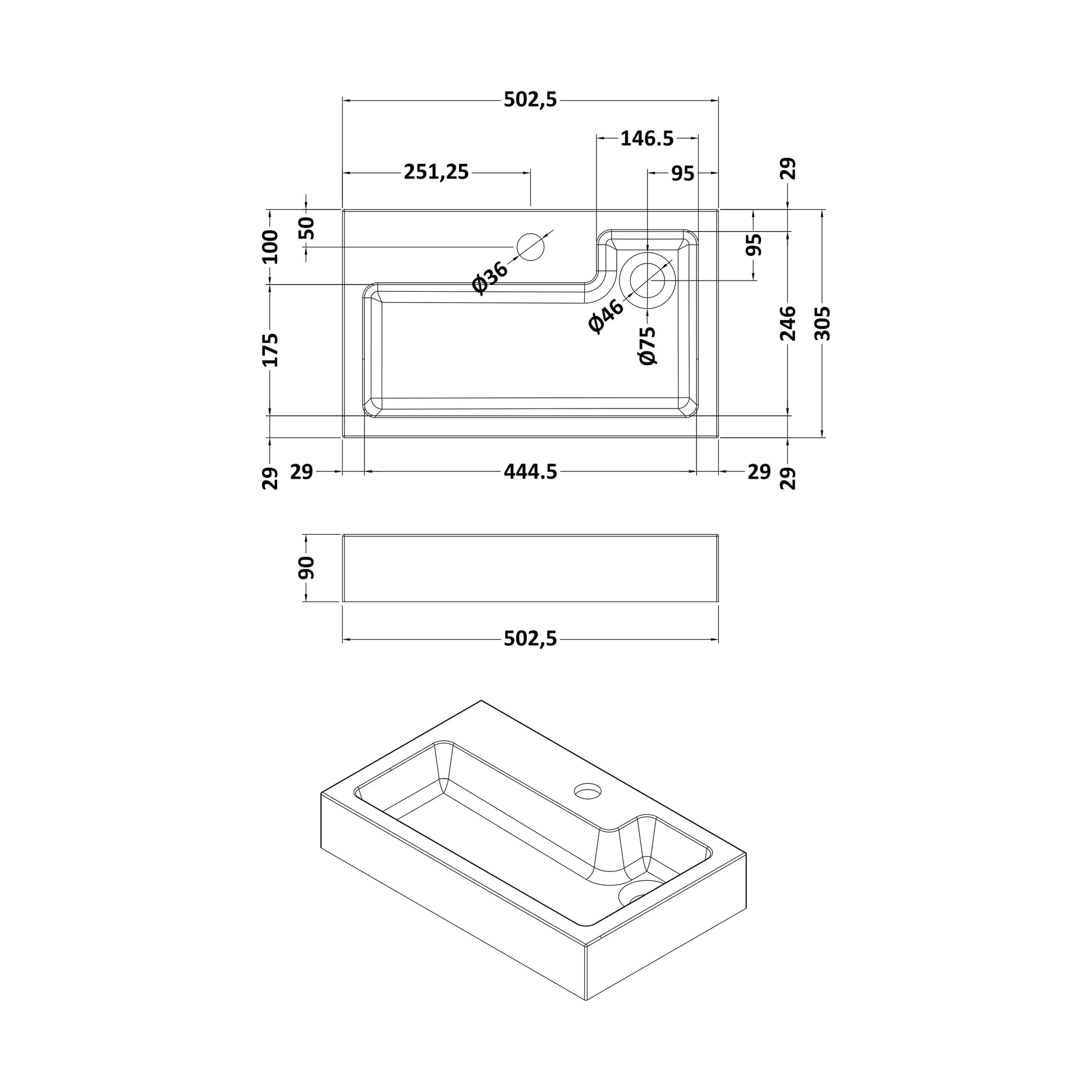[BCPM021] L Shaped Poly Marble Basin 503 x 305 RW - Technical Drawing