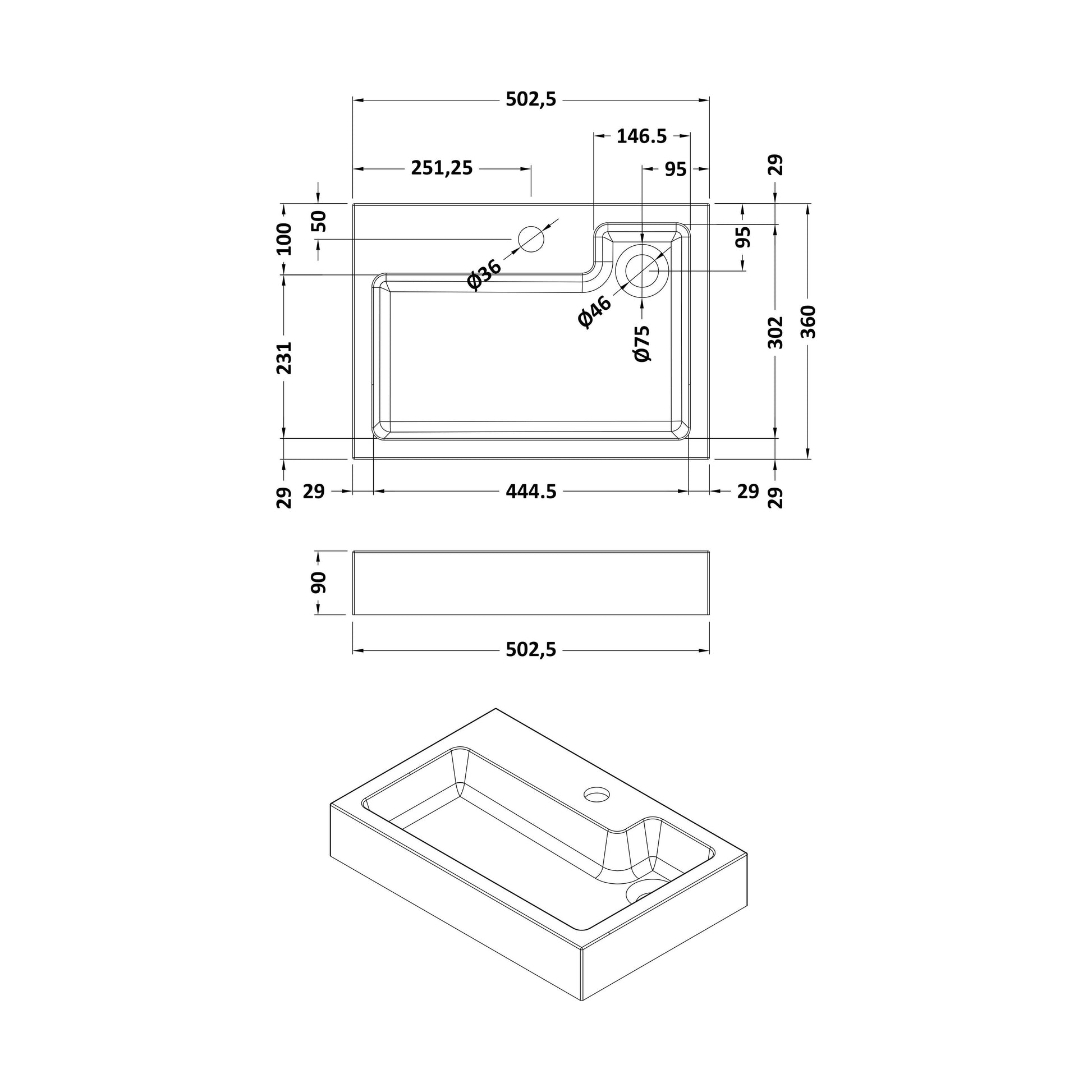 [BCPM022] Rectangular Basin -  L Shaped Bowl 1TH - Technical Drawing