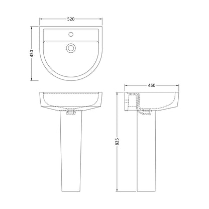 [BCPR002] Dilhorne D Shaped 1 Tap Hole Ceramic Basin and Pedestal - 520mm or 420mm - Choice of Semi or Full Pedestal - Technical Drawing