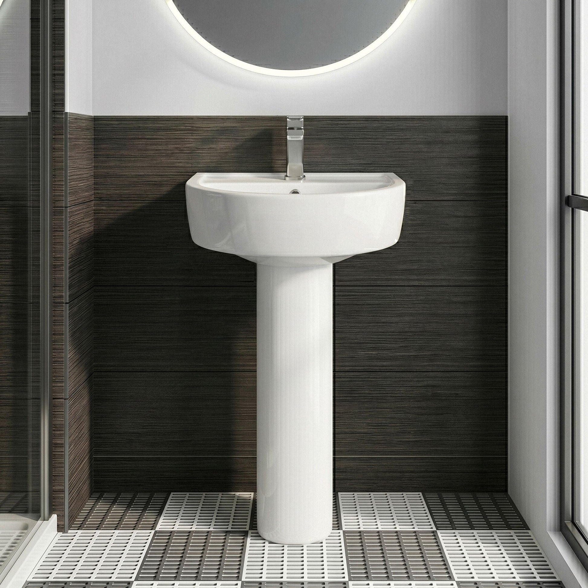 [BCPR002] Dilhorne D Shaped 1 Tap Hole Ceramic Basin and Pedestal - 520mm or 420mm - Choice of Semi or Full Pedestal - Silo
