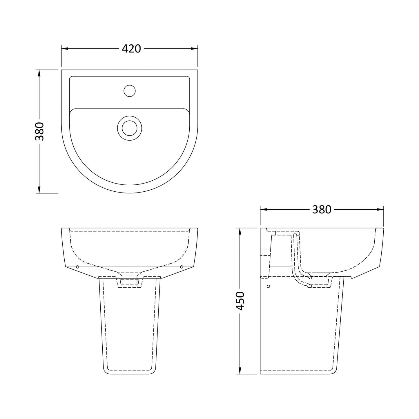 [BCPR003] Dilhorne D Shaped 1 Tap Hole Ceramic Basin and Pedestal - 520mm or 420mm - Choice of Semi or Full Pedestal - Technical Drawing