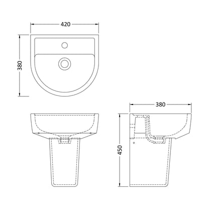 [BCPR003] Dilhorne D Shaped 1 Tap Hole Ceramic Basin and Pedestal - 520mm or 420mm - Choice of Semi or Full Pedestal - Technical Drawing