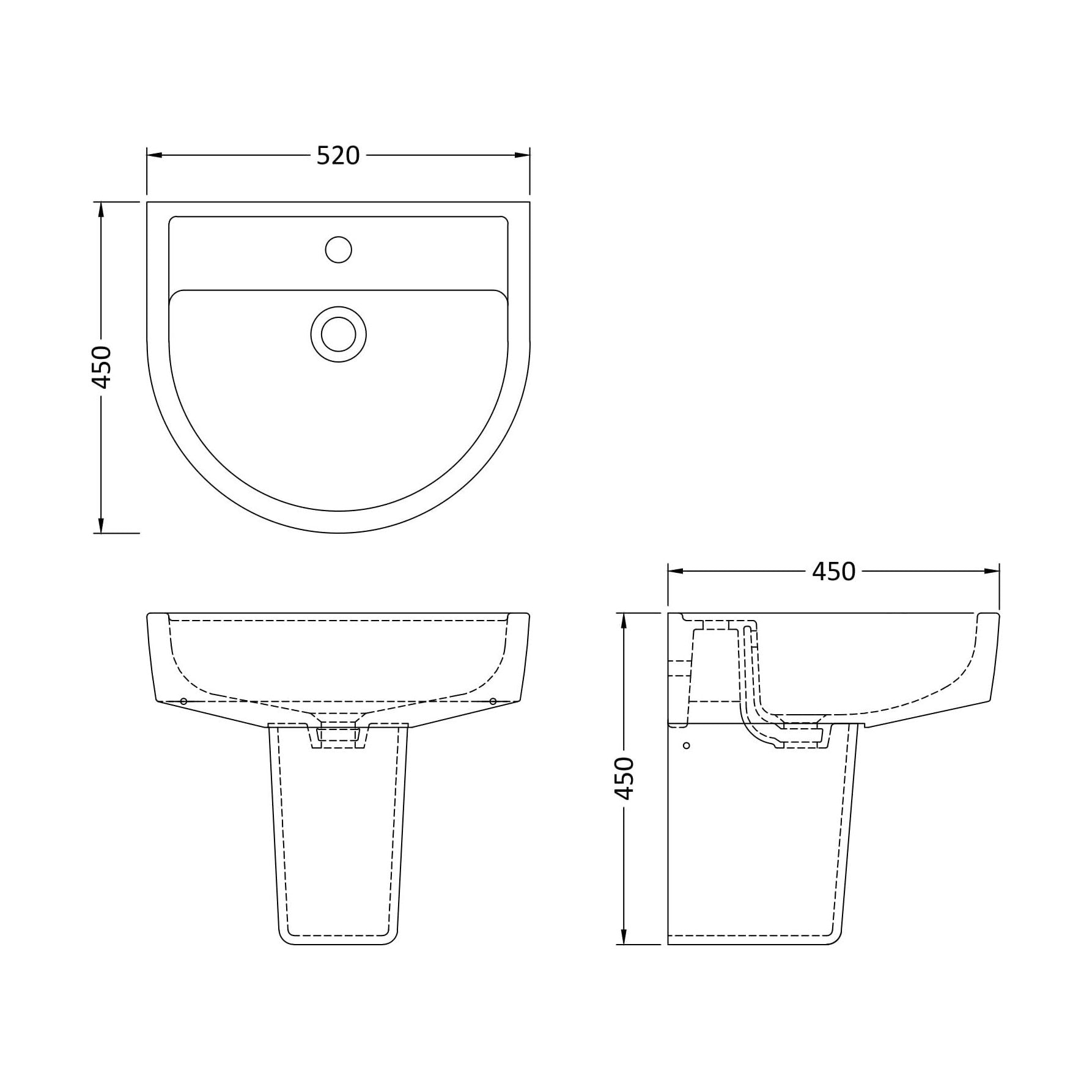 [BCPR004] Dilhorne D Shaped 1 Tap Hole Ceramic Basin and Pedestal - 520mm or 420mm - Choice of Semi or Full Pedestal - Technical Drawing