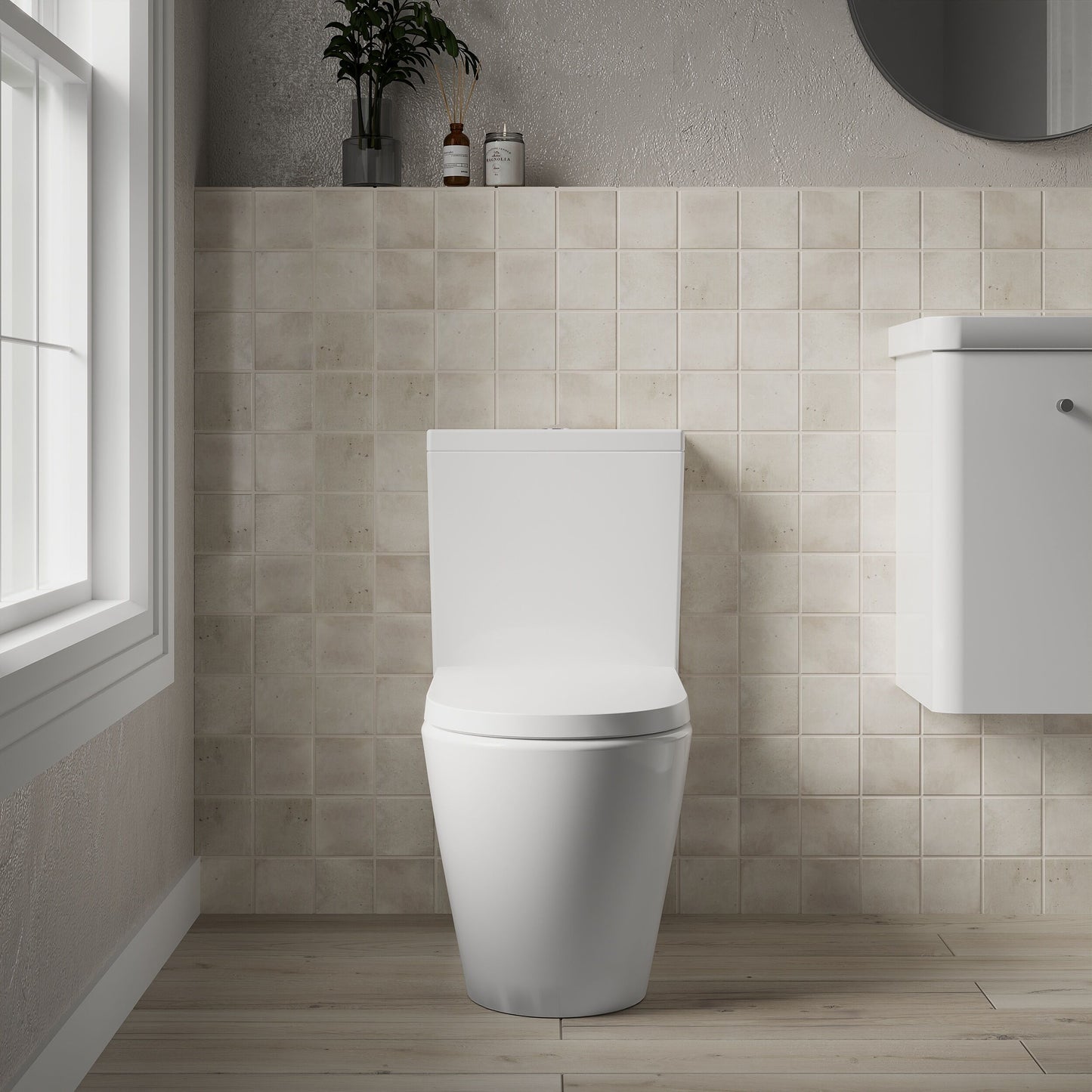 [BCPR005] Dilhorne Round Semi Flush to Wall Toilet with Soft Close Seat - Lifestyle 1