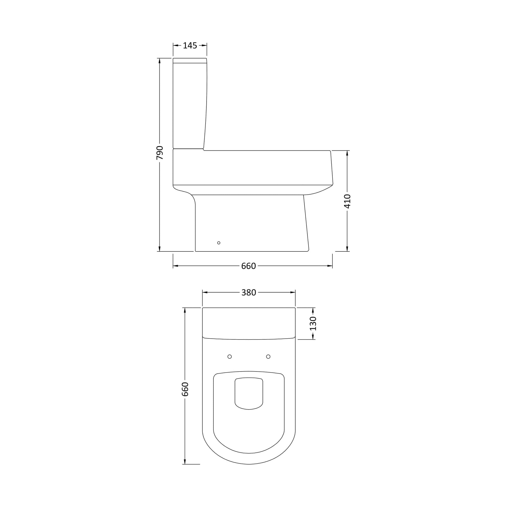 [BCPR006] Dilhorne Round Semi Flush to Wall D Shape Toilet Pan with Cistern – 790 x 380 x 660mm - Technical Drawing
