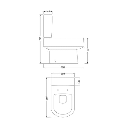 [BCPR006] Dilhorne Round Semi Flush to Wall D Shape Toilet Pan with Cistern – 790 x 380 x 660mm - Technical Drawing