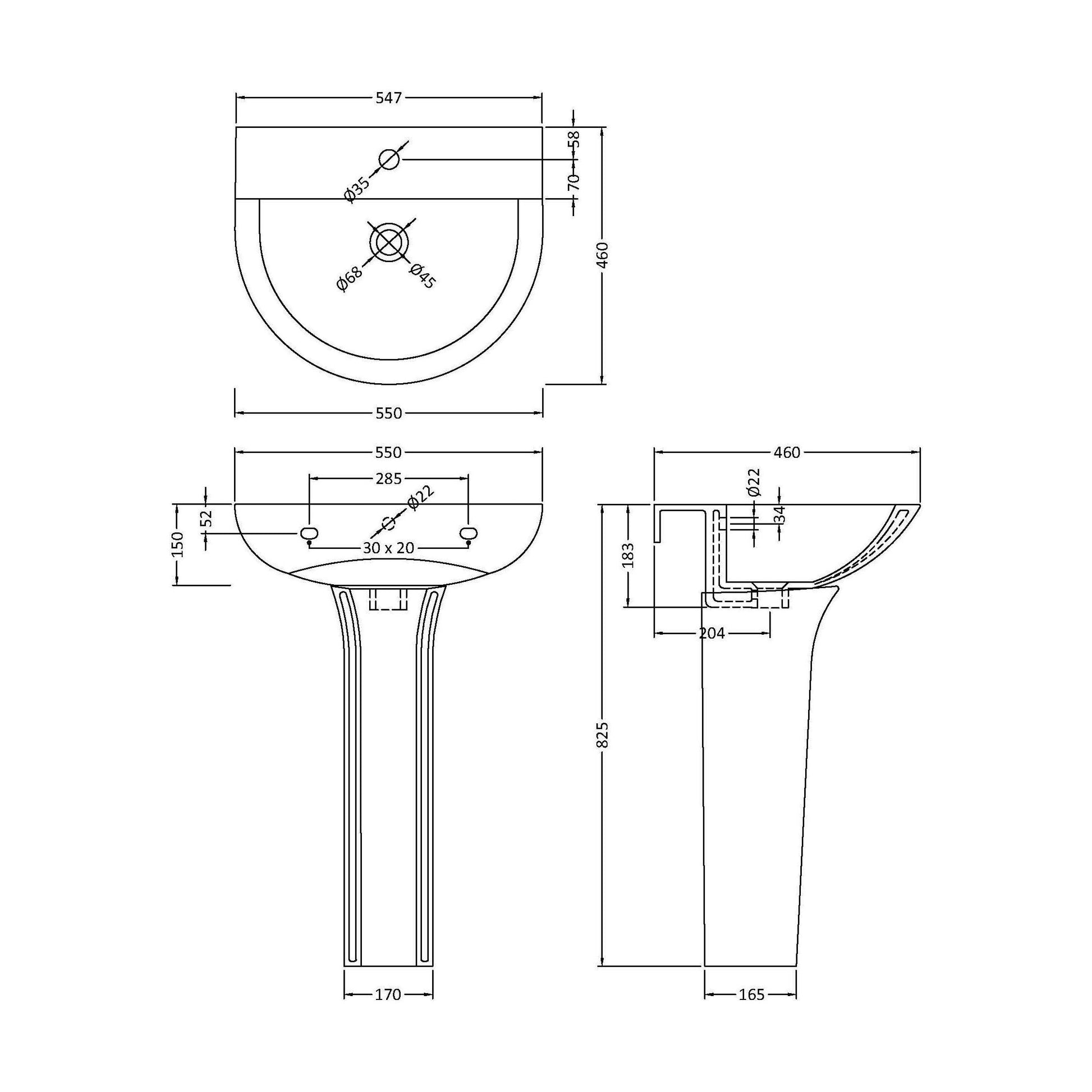 [BCQU300] 1 Tap Hole Round Ceramic Basin & Full Pedestal - 560mm - Technical Drawing