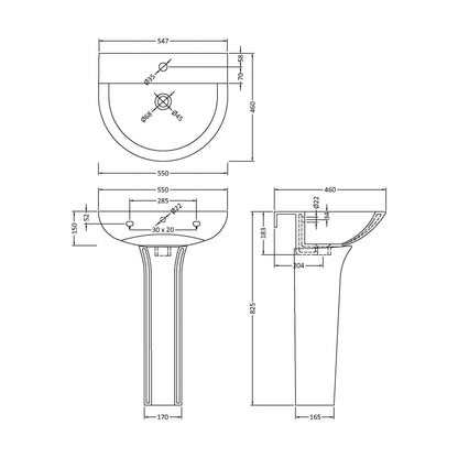 [BCQU300] 1 Tap Hole Round Ceramic Basin & Full Pedestal - 560mm - Technical Drawing
